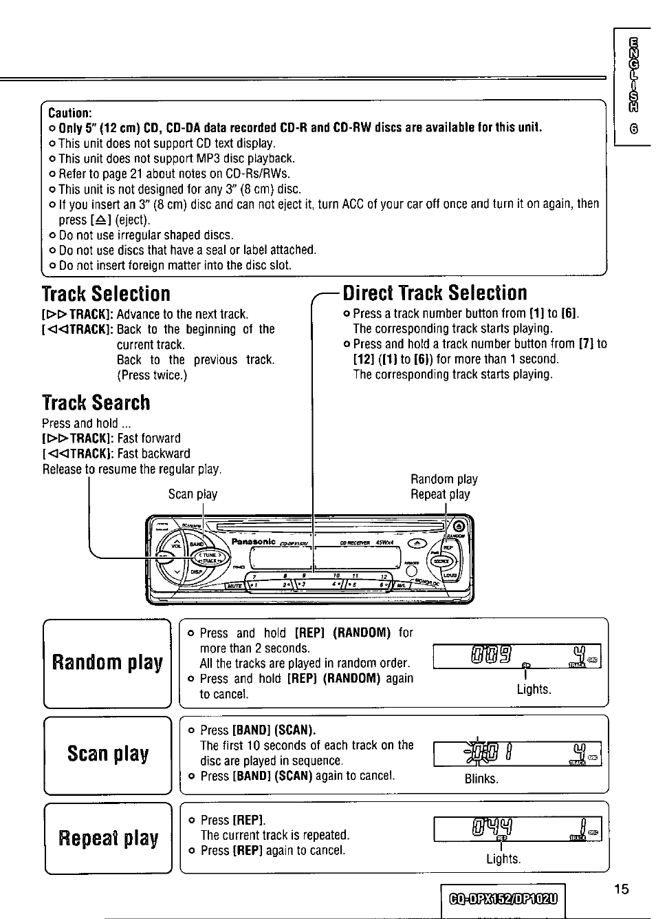 Track selection, Track search, Direct track selection | Random play, Track | Panasonic CQ-DPX152 User Manual | Page 15 / 72