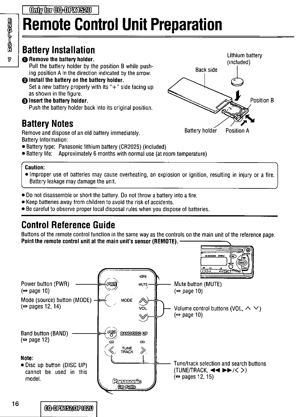 Gtiflwaii, Battery installation, Battery notes | Remote control unit preparation, Control reference guide | Panasonic CQ-DPX152 User Manual | Page 16 / 72