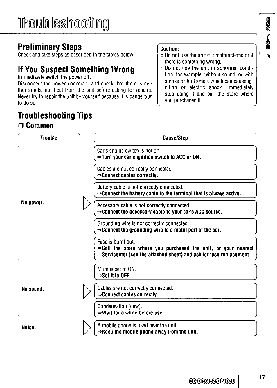 Preliminary steps, If you suspect something wrong, Troubleshooting tips | Common, Troubleshooting | Panasonic CQ-DPX152 User Manual | Page 17 / 72