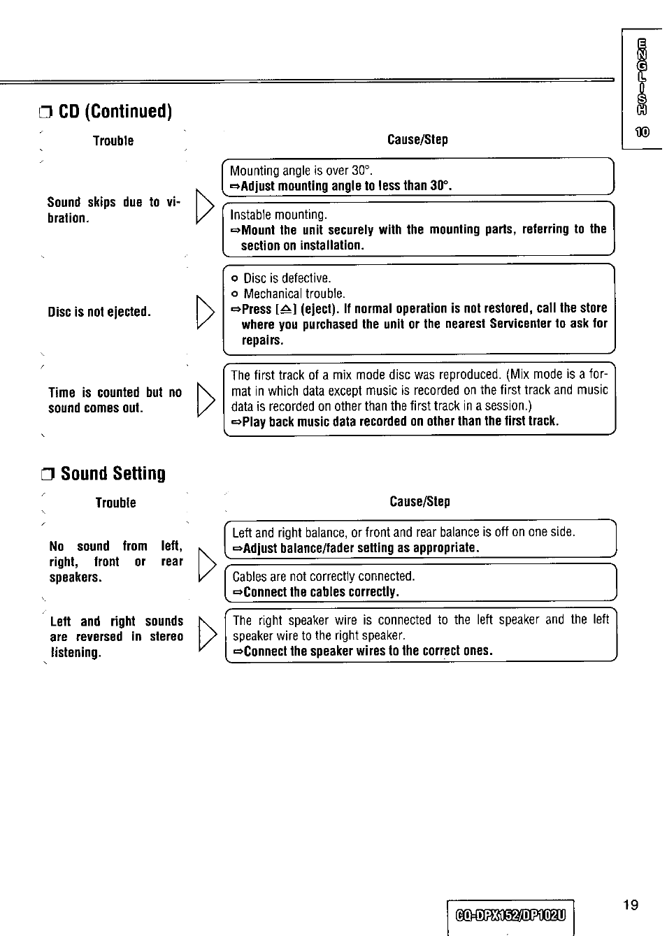 Cd (continued), Sound setting | Panasonic CQ-DPX152 User Manual | Page 19 / 72