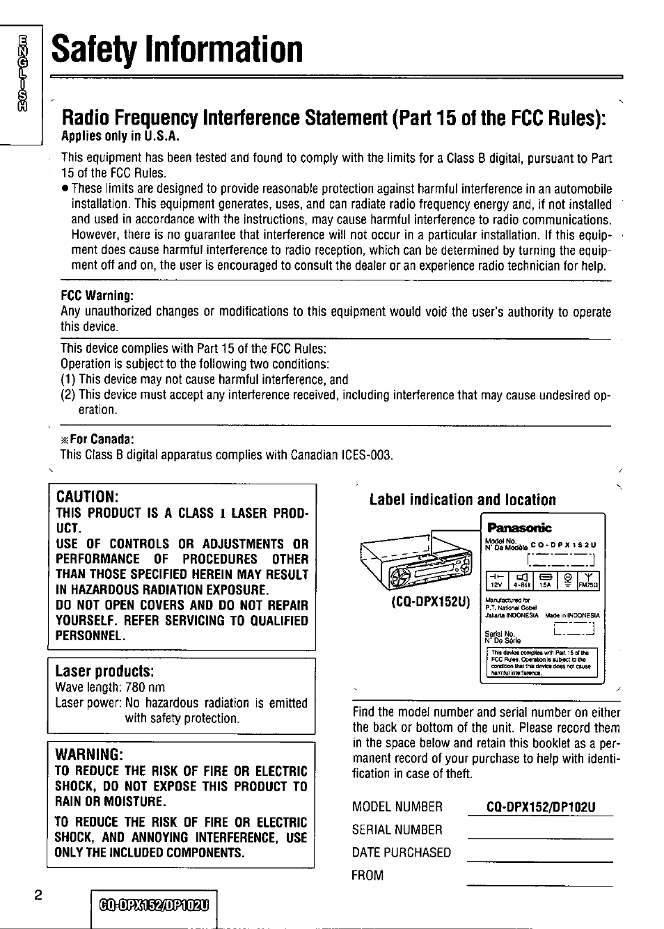 Caution, Laser products, Warning | Label indication and location, Safety information | Panasonic CQ-DPX152 User Manual | Page 2 / 72