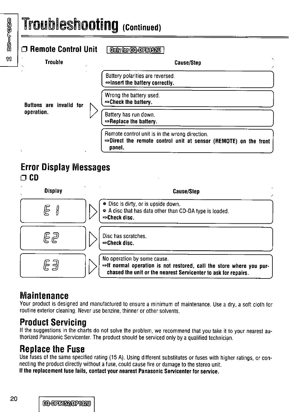 Remote control unit, Error display messages, Maintenance | Product servicing, Replace the fuse, Troybleshootlng (continued) | Panasonic CQ-DPX152 User Manual | Page 20 / 72