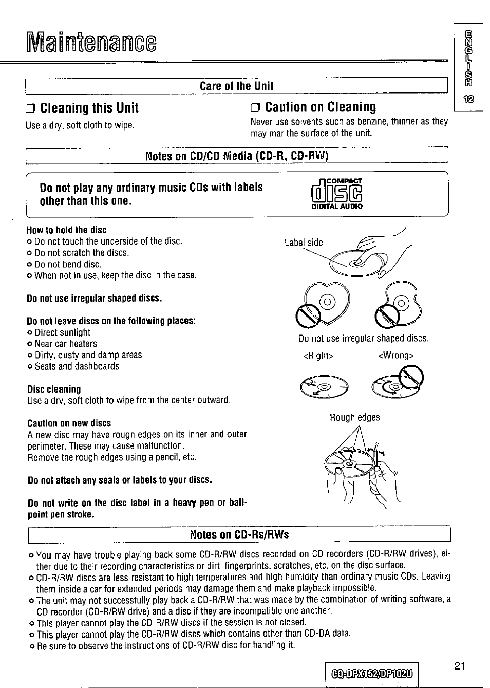 Cleaning this unit, Caution on cleaning, Notes on cd/cd media (cd-r, co-rw) | Do not play any ordinary music cds with labels ip, Other than this one. llullslki, Notes on cd-rs/rws | Panasonic CQ-DPX152 User Manual | Page 21 / 72