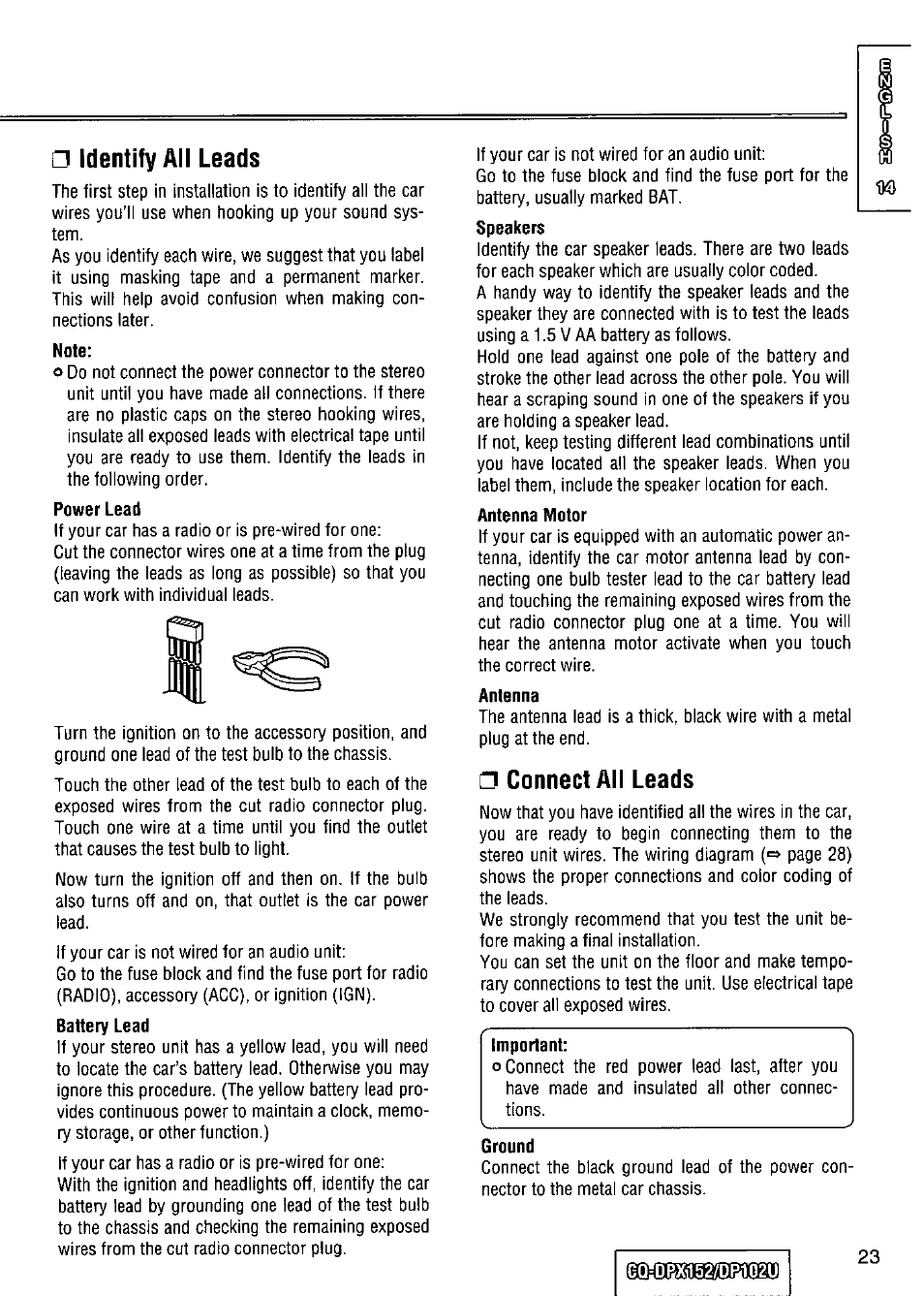 Identify all leads, Connect all leads, Power lead | Battery lead, Speakers, Antenna motor, Antenna, Important, Ground | Panasonic CQ-DPX152 User Manual | Page 23 / 72