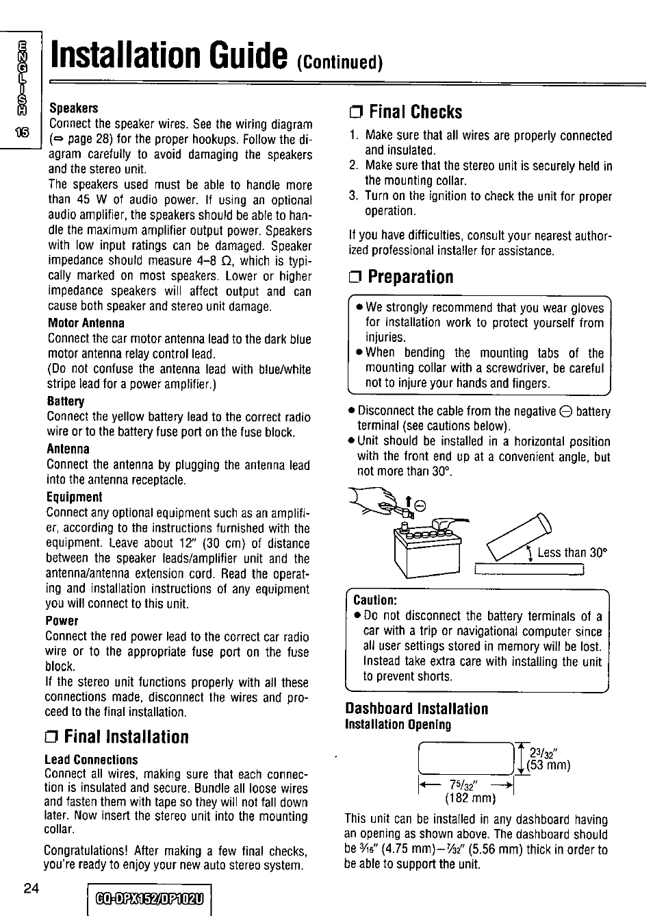 Final installation, Final checks, Preparation | Dashboard installation, Installation guide, Continued), Speakers, Motor antenna, Battery, Antenna | Panasonic CQ-DPX152 User Manual | Page 24 / 72