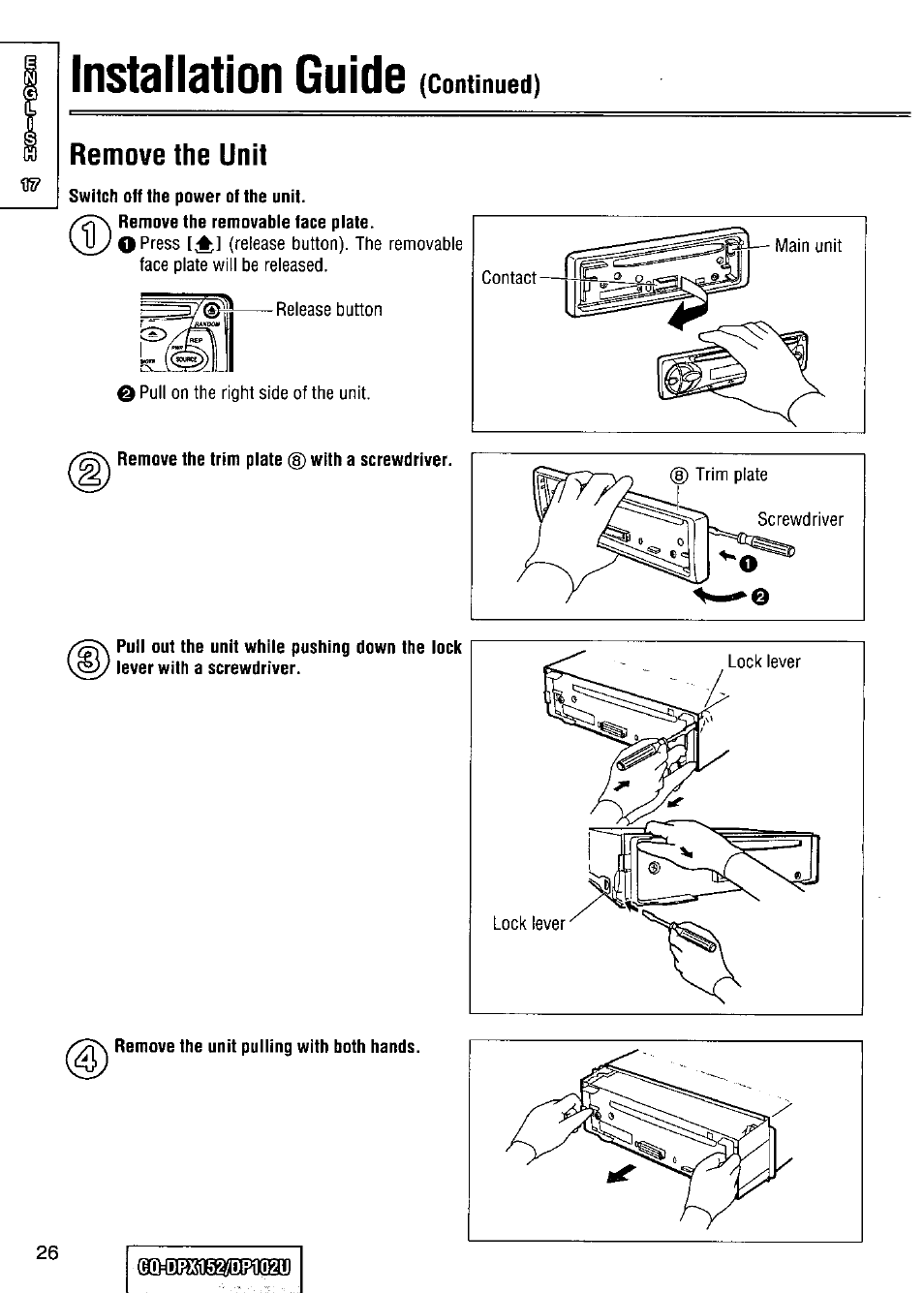 Remove the unit, Installation guide | Panasonic CQ-DPX152 User Manual | Page 26 / 72