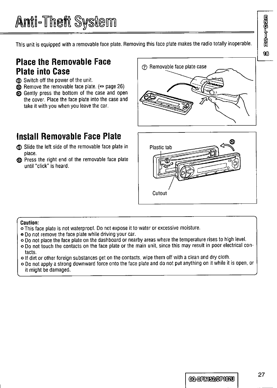 Place the removable face plate into case, Install removable face plate, Aothtiìefl sptei | Panasonic CQ-DPX152 User Manual | Page 27 / 72