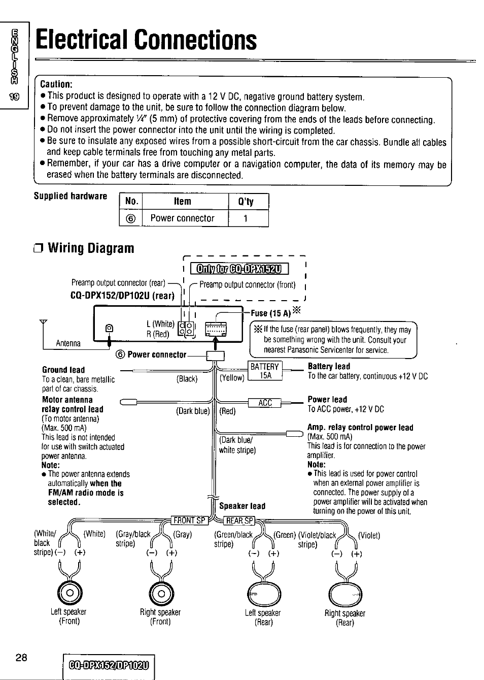 Electrical connections, Wiring diagram | Panasonic CQ-DPX152 User Manual | Page 28 / 72