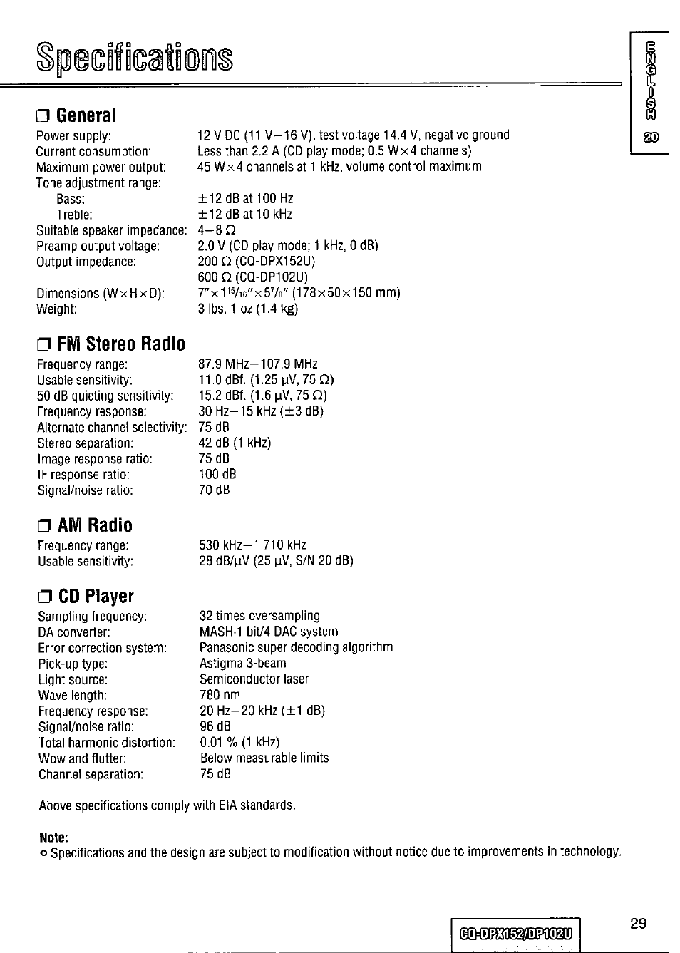 General, Fm stereo radio, Aivi radio | Cd player | Panasonic CQ-DPX152 User Manual | Page 29 / 72