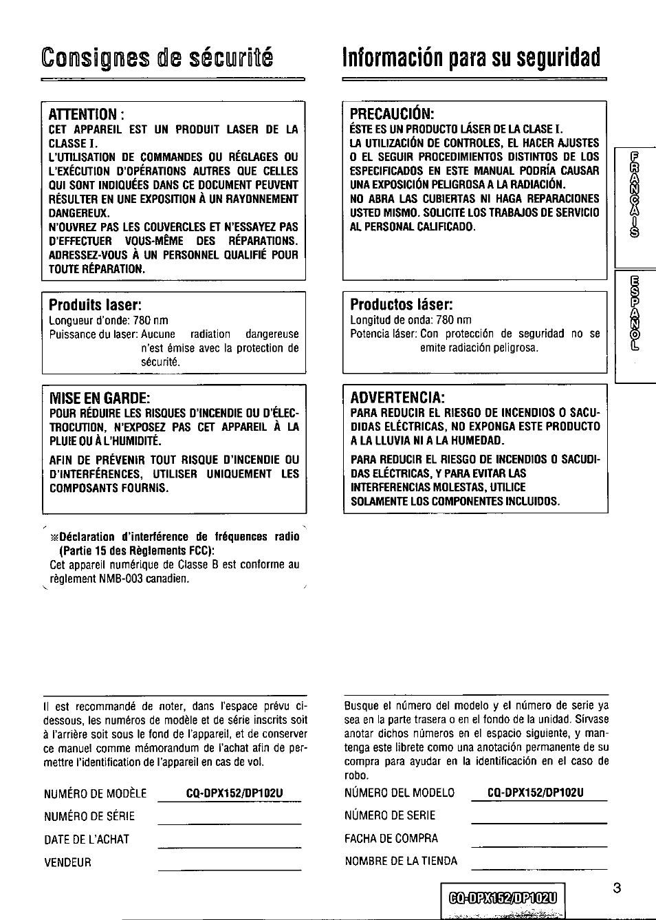 Información para su seguridad, Coisiginies de sécyrité | Panasonic CQ-DPX152 User Manual | Page 3 / 72