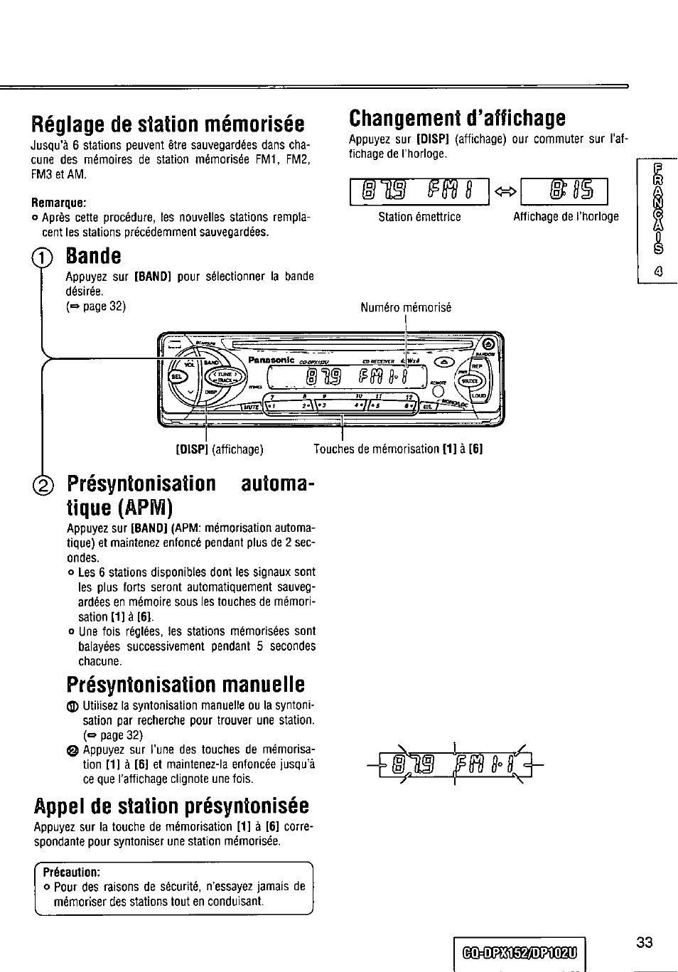 Réglage de station mémorisée, Remarque, Changement d’affichage | Présyntonisation manuelle, Appel de station présyntonisée | Panasonic CQ-DPX152 User Manual | Page 33 / 72