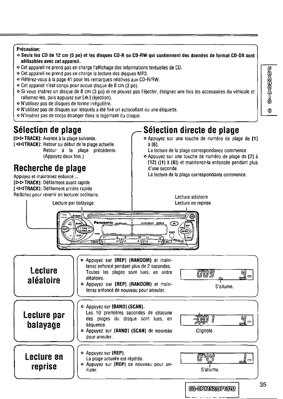 Sélection de plage, Recherche de plage, Sélection directe de plage | Lecture, Aléatoire, Lecture en reprise, Lecture aléatoire | Panasonic CQ-DPX152 User Manual | Page 35 / 72