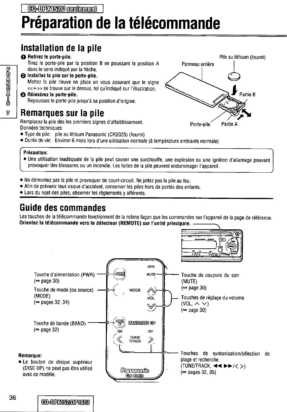 Préparation de la télécommande, Installation de la pile, O retirez le porte-pile | Remarques sur la pile, Précaution, Guide des commandes, Gq5dbxi1527dfit102ü | Panasonic CQ-DPX152 User Manual | Page 36 / 72