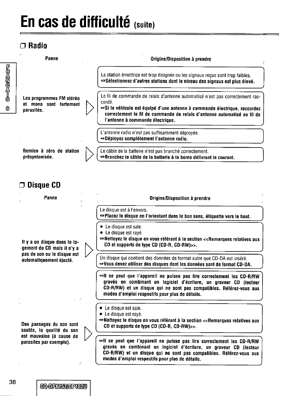 En cas de difficulté, O en cas de difficulté, Suite) □ radio | Disque cd | Panasonic CQ-DPX152 User Manual | Page 38 / 72