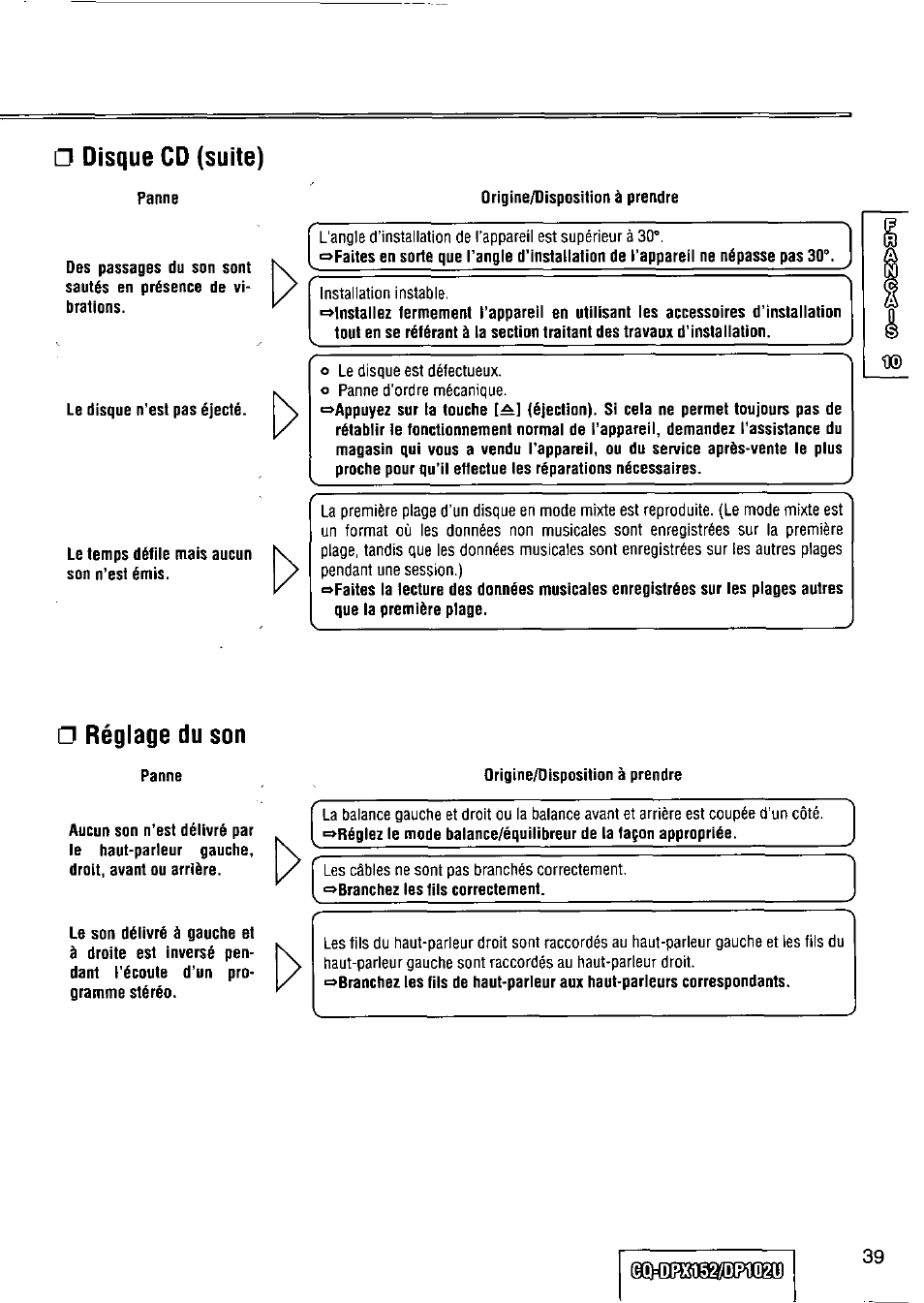 Disque cd (suite), Réglage du son | Panasonic CQ-DPX152 User Manual | Page 39 / 72