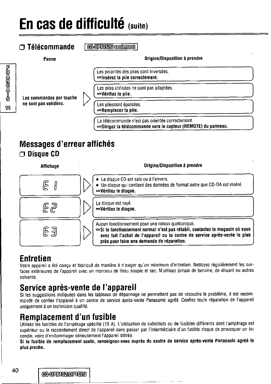 En cas de difficulté, Panne, Dbxt152ufêëïïlement | Origine/disposition à prendre, Les commandes par touche ne sont pas validées, Messages d’erreur affichés a disque cd, Affichage, Entretien, Service après-vente de l’appareil, Remplacement d’un fusible | Panasonic CQ-DPX152 User Manual | Page 40 / 72