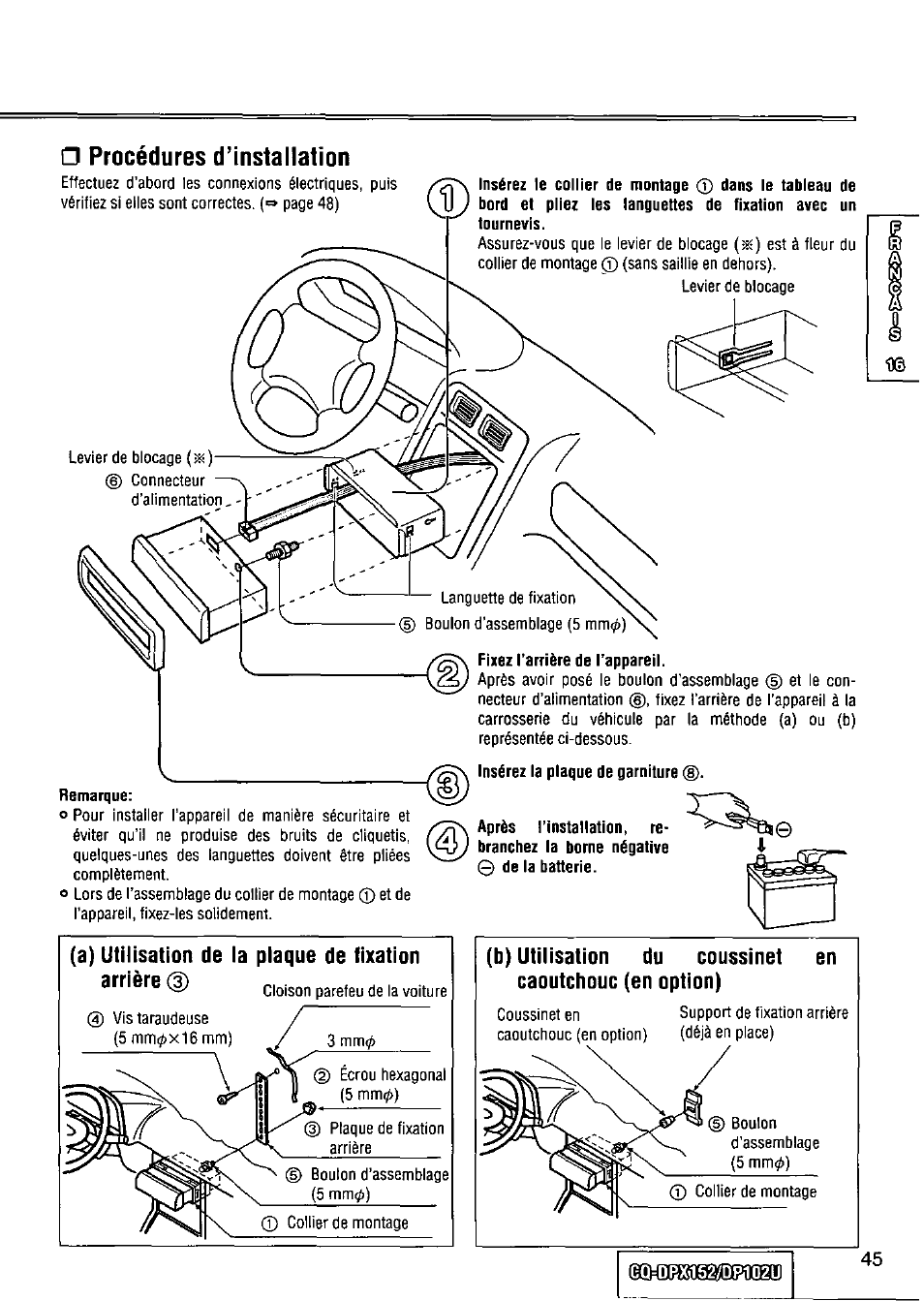 Remarque, Fixez l’arrière de l’appareil, G procédures d’installation | Panasonic CQ-DPX152 User Manual | Page 45 / 72