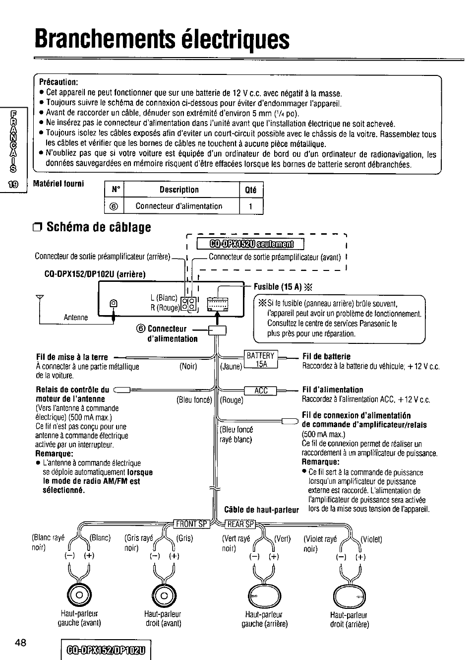 Branchements électriques, Précaution, Schéma de câblage | Cqlobxil52u^eïïlement, 1) connecteur, Fusible (15 a), Fil de mise à la terre, Relais de contrôle du c i--- = moteur de l’antenne, Câble de baut-parleur, Fil de batterie | Panasonic CQ-DPX152 User Manual | Page 48 / 72