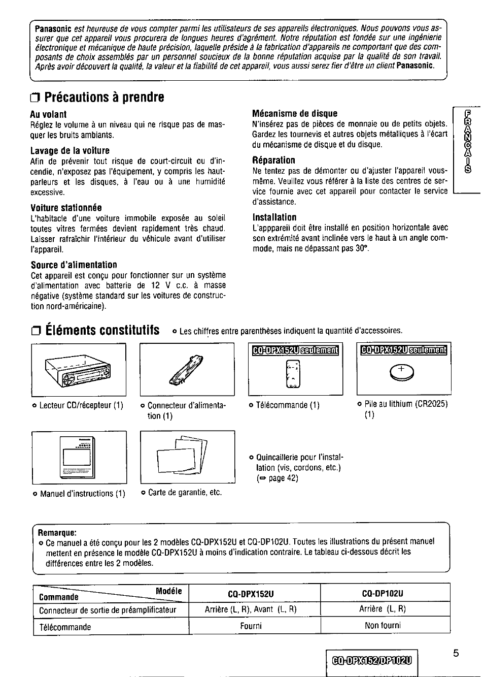 Précautions à prendre, Remarque, Eléments constitutifs | Au volant, Lavage de la voiture, Voiture stationnée, Source d’alimentation, Mécanisme de disque, Réparation, Installation | Panasonic CQ-DPX152 User Manual | Page 5 / 72