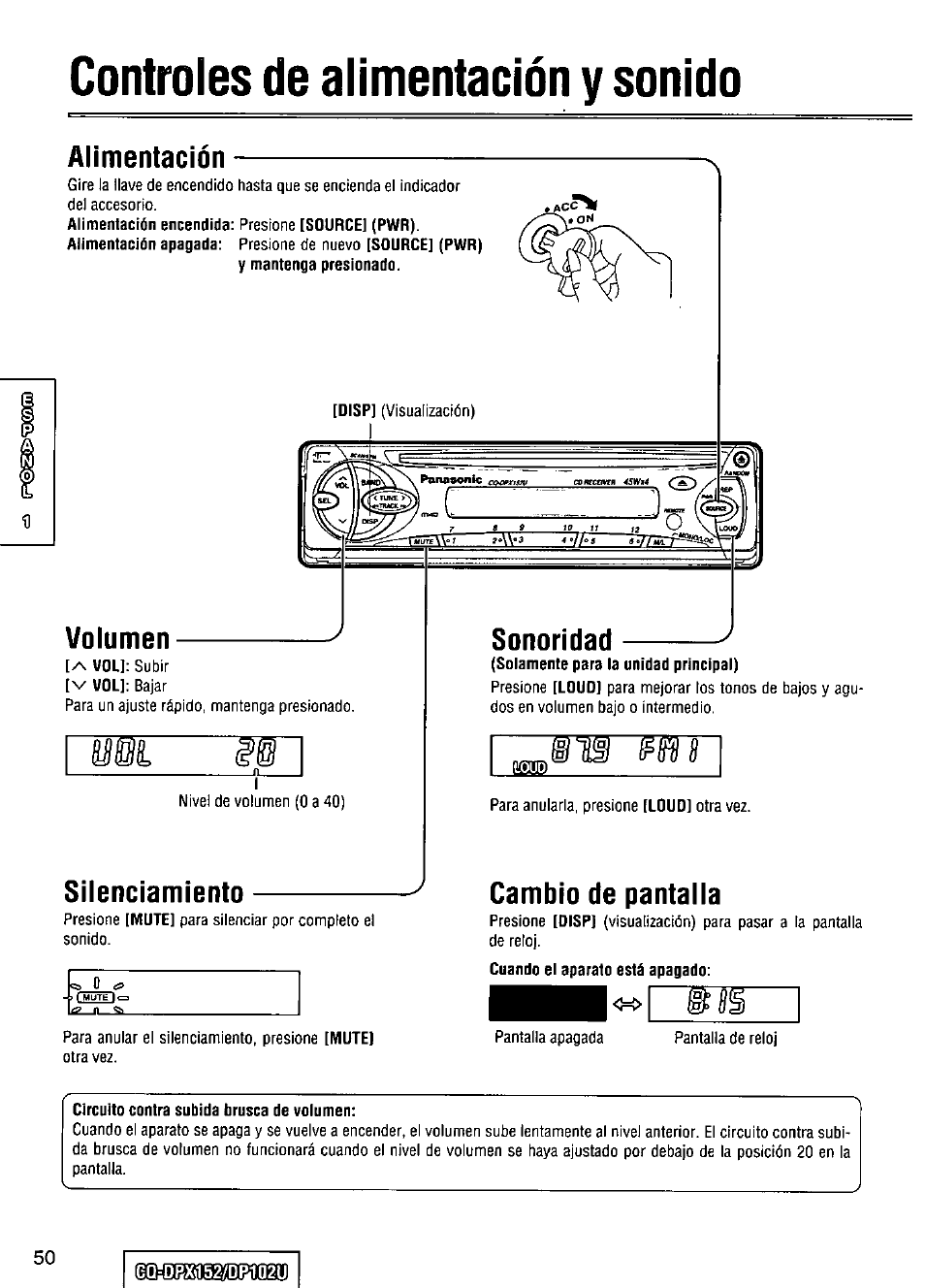 Controles de alimentación y sonido, Circuito contra subida brusca de volumen, Gq5dbxt152/d&102u | Panasonic CQ-DPX152 User Manual | Page 50 / 72