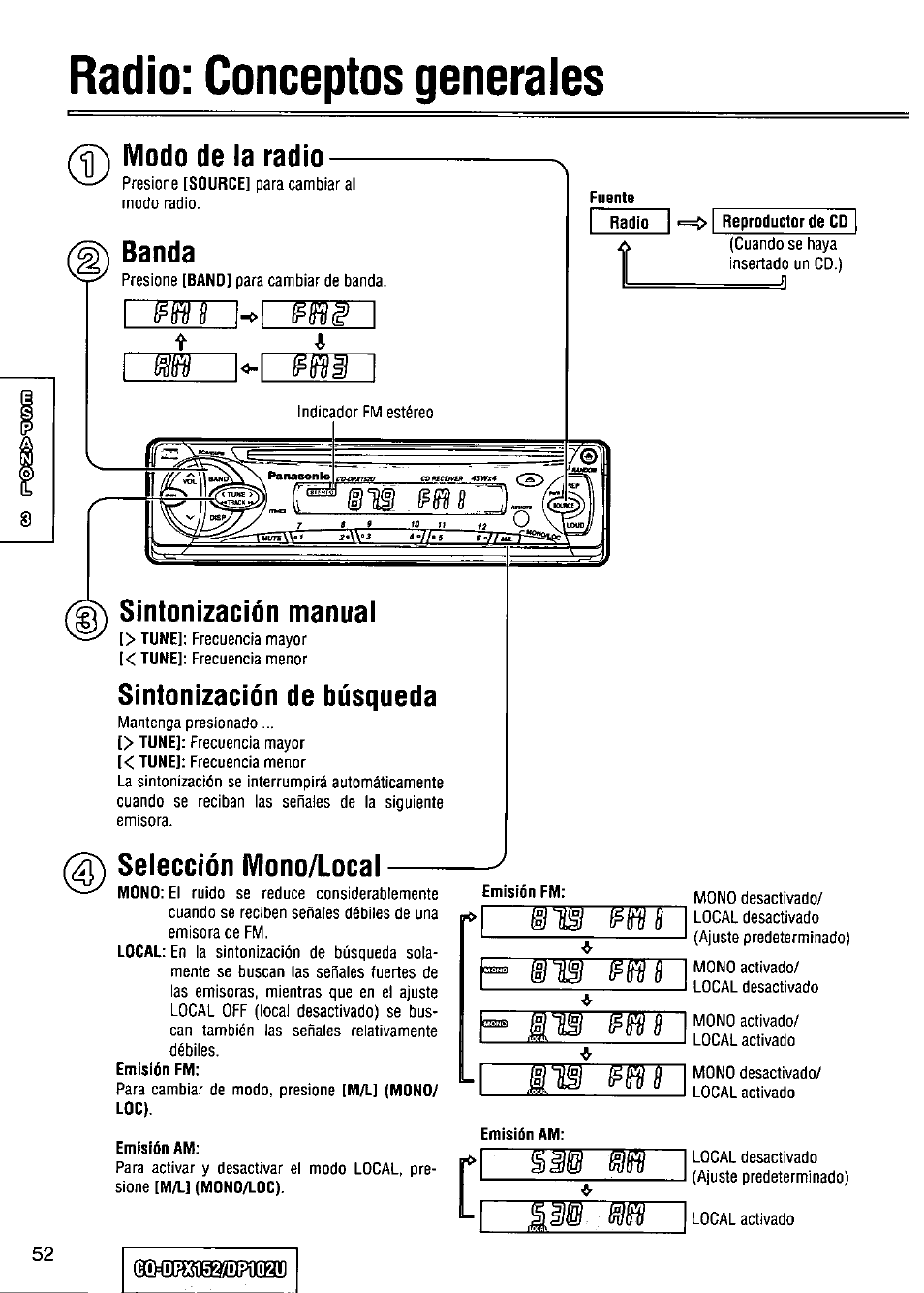 Radio: conceptos generales, Modo de la radio, Banda | Sintonización manual, Sintonización de búsqueda, Selección mono/local, O reloj: conceptos generales, Мж mi | Panasonic CQ-DPX152 User Manual | Page 52 / 72