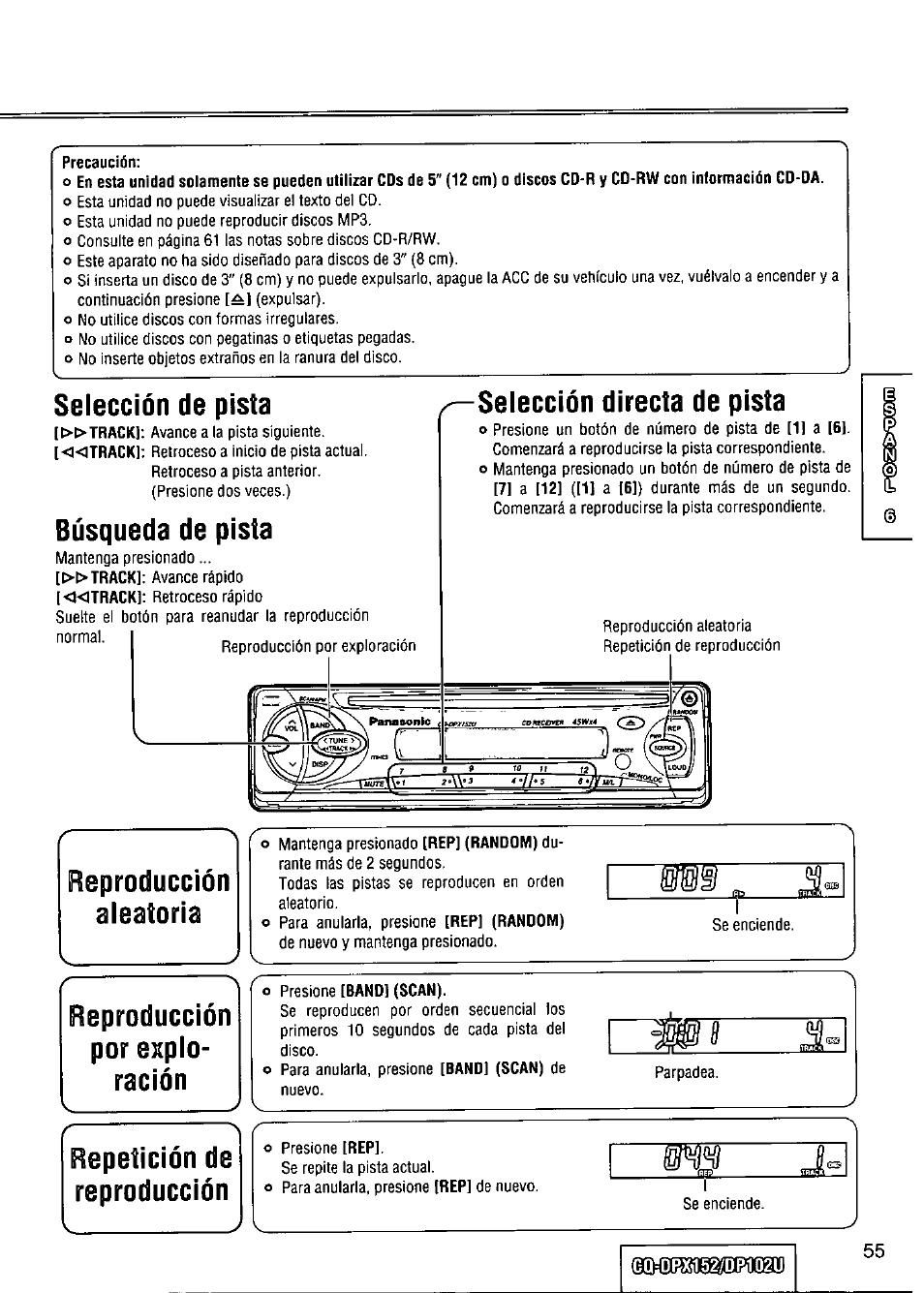 Selección de pista, Búsqueda de pista, Selección directa de pista | Reproducción, Aleatoria, Repetición de reproducción, Reproducción aleatoria | Panasonic CQ-DPX152 User Manual | Page 55 / 72