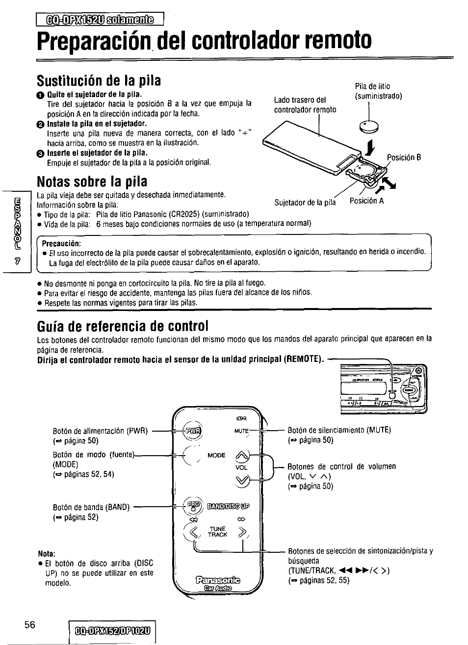 0x1id&xc5m, Sustitución de la piia, 0 instale la pila en el sujetador | Notas sobre la pila, Precaución, Guía de referencia de control, Preparación del controlador remoto, Aztenmíis | Panasonic CQ-DPX152 User Manual | Page 56 / 72