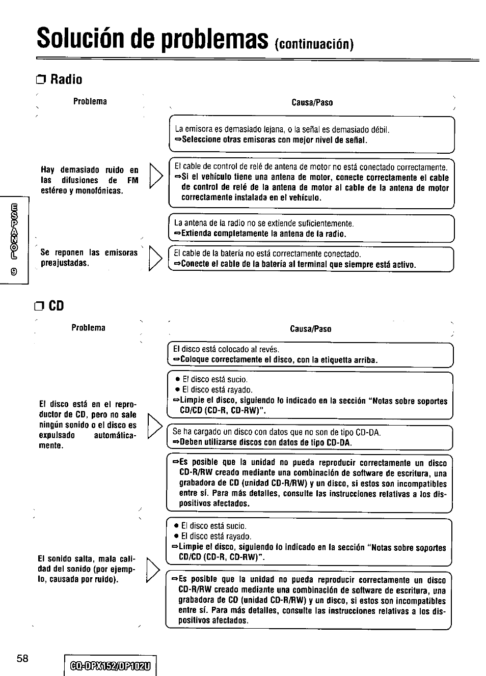 Radio, Solución de problemas, Continuación) | Panasonic CQ-DPX152 User Manual | Page 58 / 72