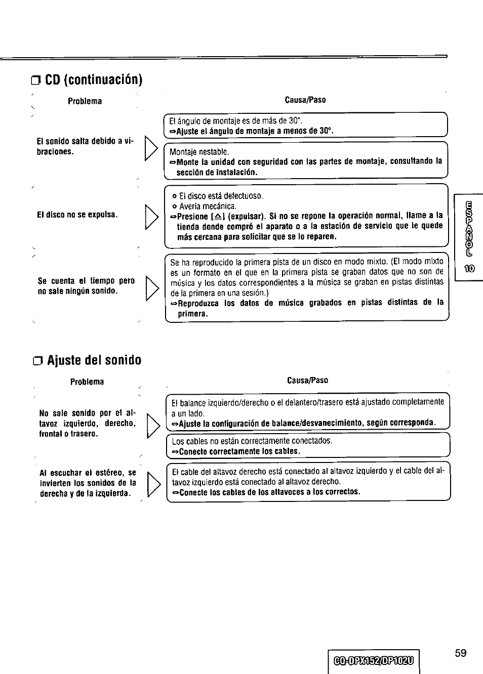 Cd (continuación), Ajuste dei sonido | Panasonic CQ-DPX152 User Manual | Page 59 / 72