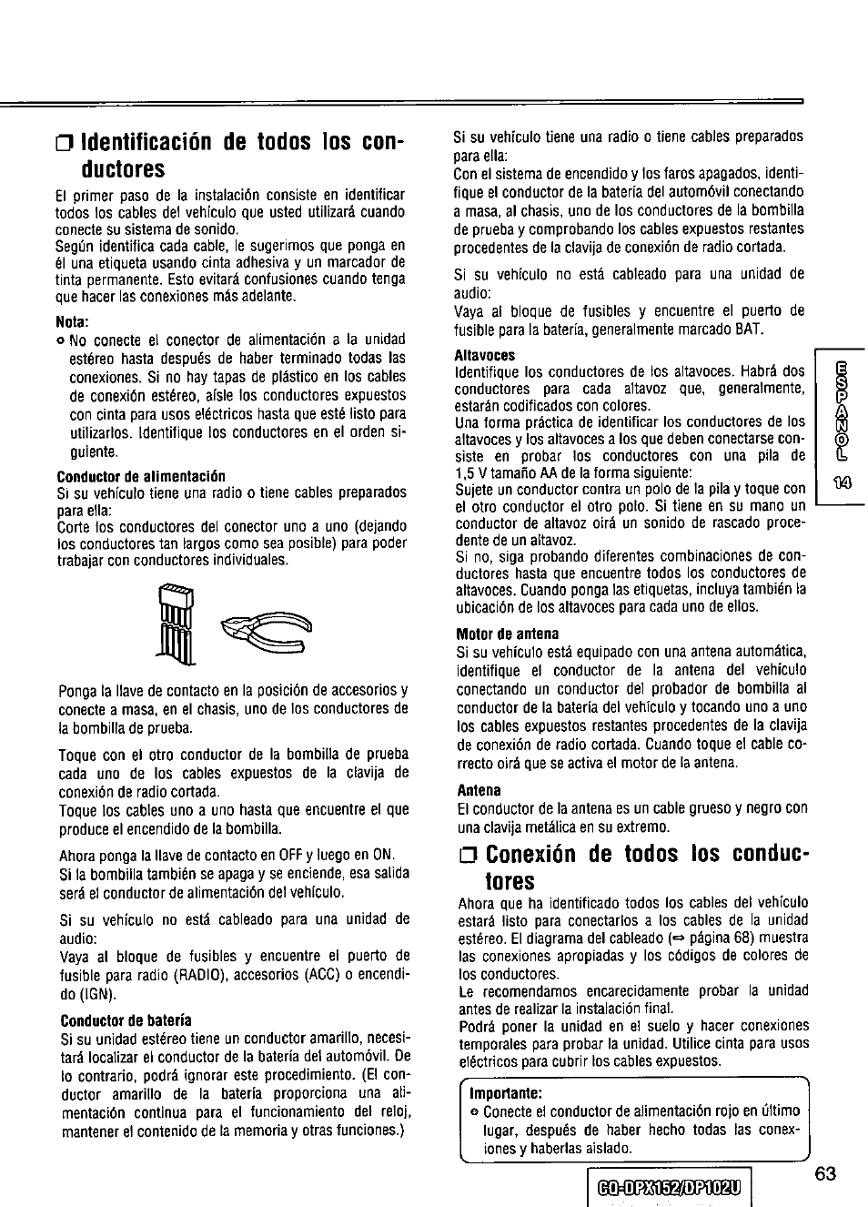 Identificación de todos los conductores, Nota, Altavoces | Motor de antena, Antena, Conexión de todos los conductores, Identificación de todos los con­ ductores, Conexión de todos los conduc­ tores | Panasonic CQ-DPX152 User Manual | Page 63 / 72