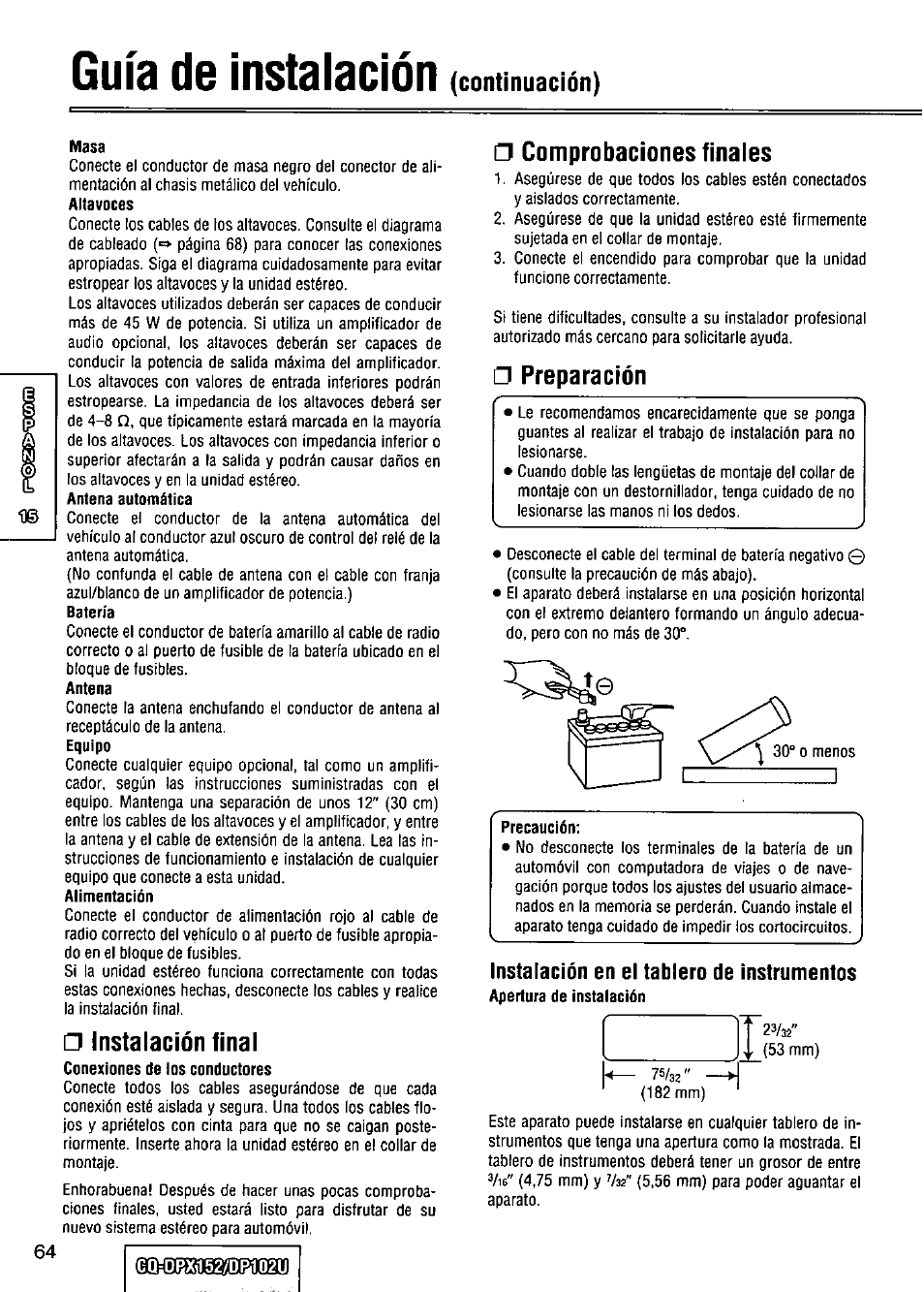 Masa, Instalación final, Comprobaciones finales | Preparación, Instalación en el tablero de instrumentos, Cq!dbxd52/dbi102u, Guía de instalación, Continuación) | Panasonic CQ-DPX152 User Manual | Page 64 / 72