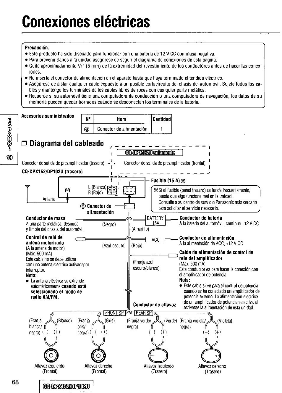 Conexiones eléctricas, Precaución, Diagrama del cableado | Conductor de masa, Control de relé de antena motorizada, Conductor de altavoz, Conductor de batería, Conductor de alimentación, Cable de alimentación de control de, Dbxi1527dü102u | Panasonic CQ-DPX152 User Manual | Page 68 / 72