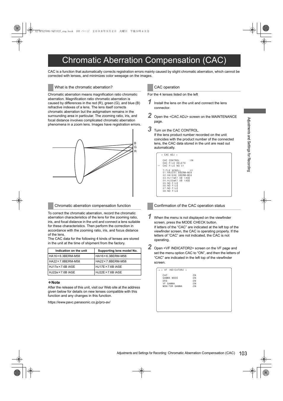 Chromatic aberration compensation (cac) | Panasonic AJ-P2C002SG User Manual | Page 103 / 206