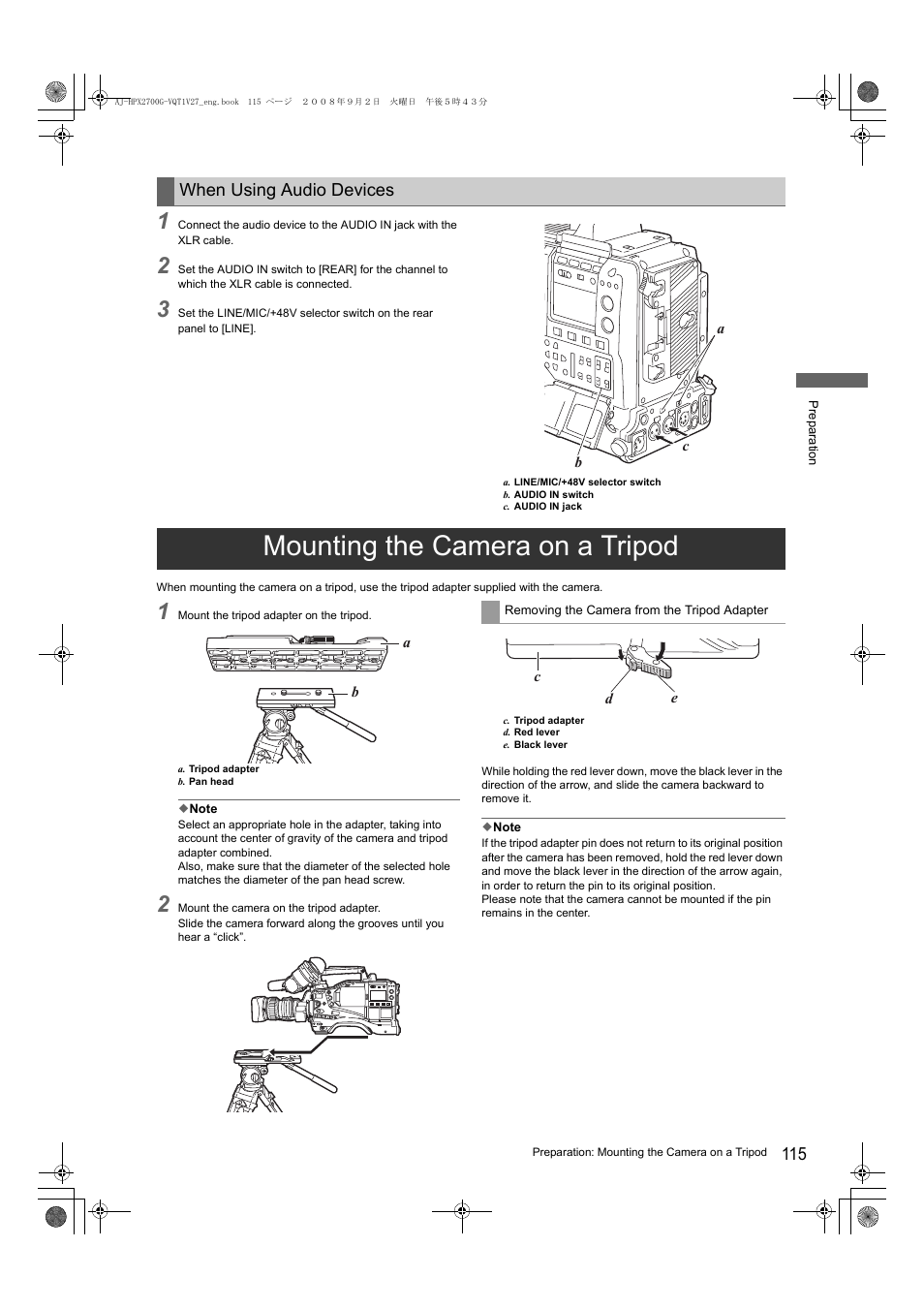 Mounting the camera on a tripod, When using audio devices | Panasonic AJ-P2C002SG User Manual | Page 115 / 206