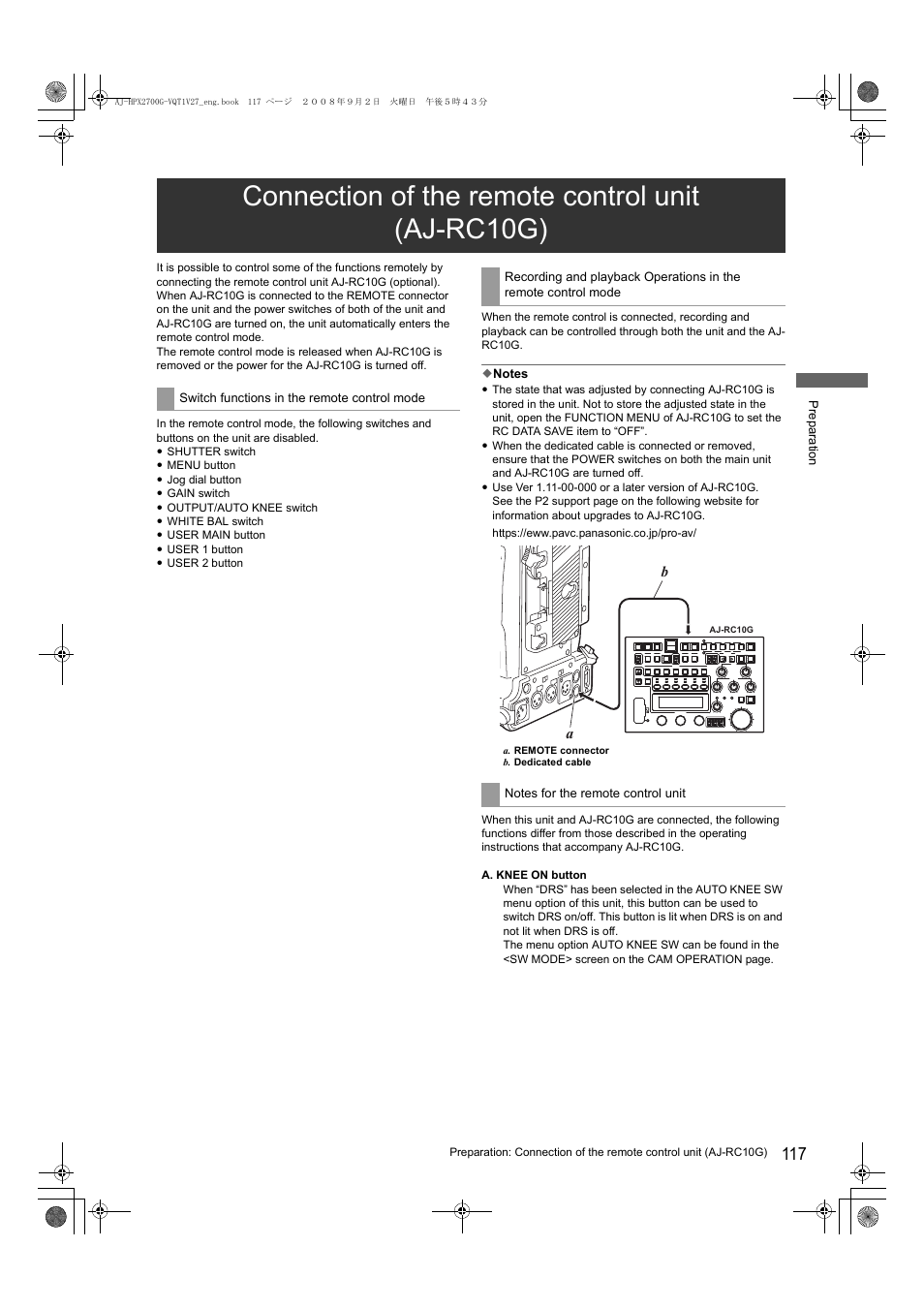 Connection of the remote control unit (aj-rc10g) | Panasonic AJ-P2C002SG User Manual | Page 117 / 206