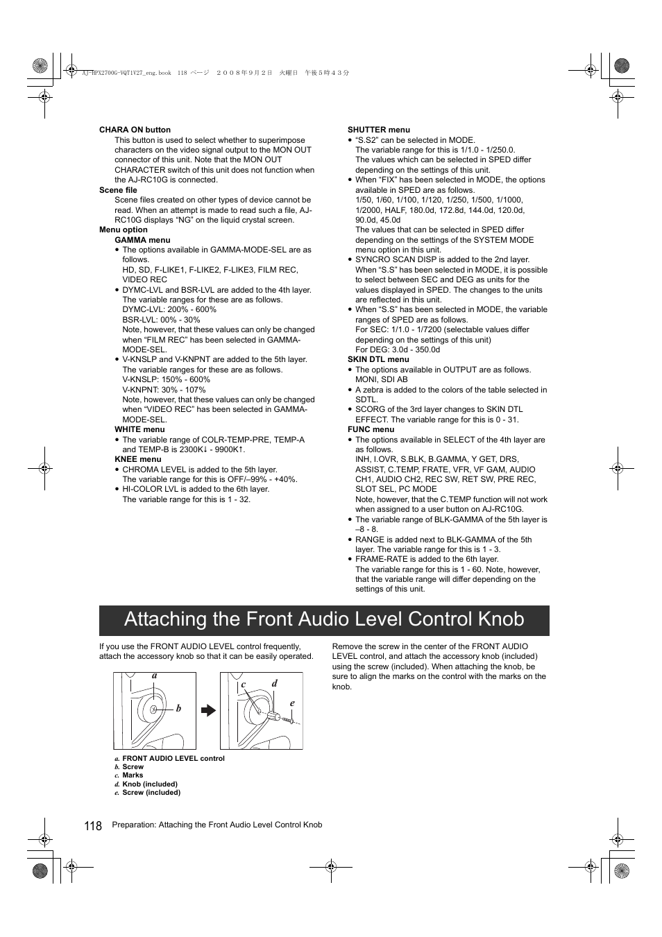 Attaching the front audio level control knob | Panasonic AJ-P2C002SG User Manual | Page 118 / 206