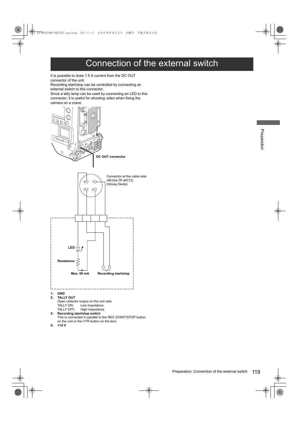 Connection of the external switch | Panasonic AJ-P2C002SG User Manual | Page 119 / 206
