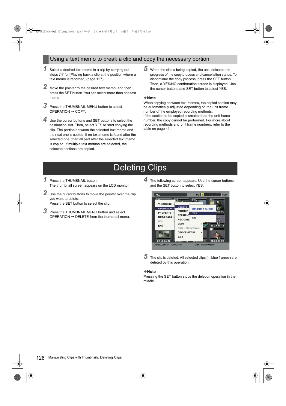 Deleting clips | Panasonic AJ-P2C002SG User Manual | Page 128 / 206