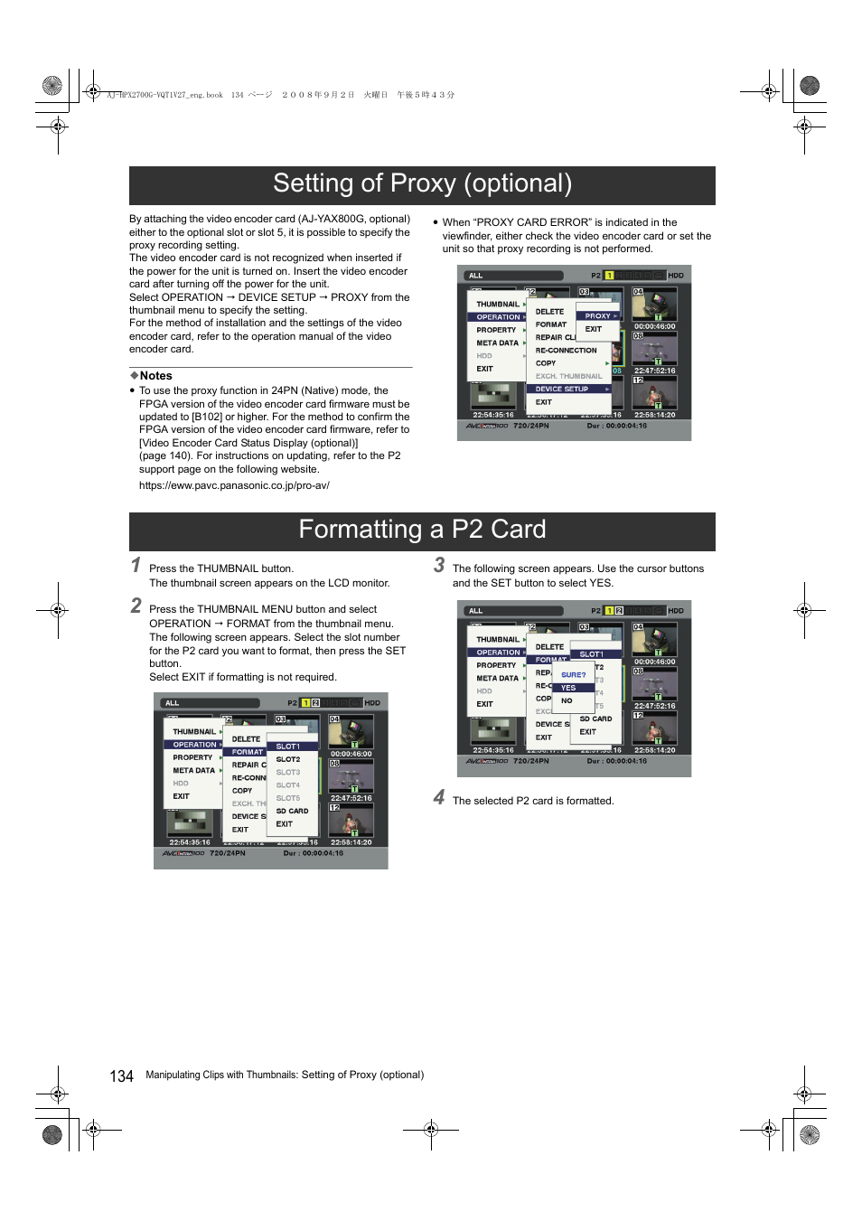 Setting of proxy (optional), Formatting a p2 card, Setting of proxy (optional) formatting a p2 card | Panasonic AJ-P2C002SG User Manual | Page 134 / 206