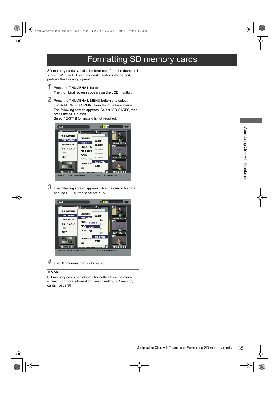 Formatting sd memory cards | Panasonic AJ-P2C002SG User Manual | Page 135 / 206