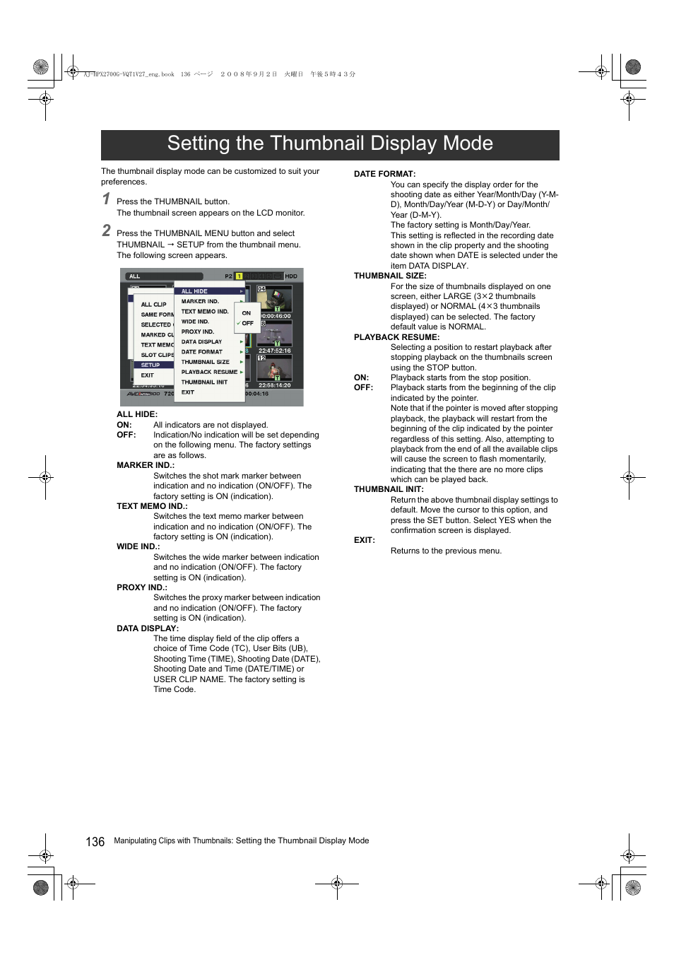 Setting the thumbnail display mode | Panasonic AJ-P2C002SG User Manual | Page 136 / 206