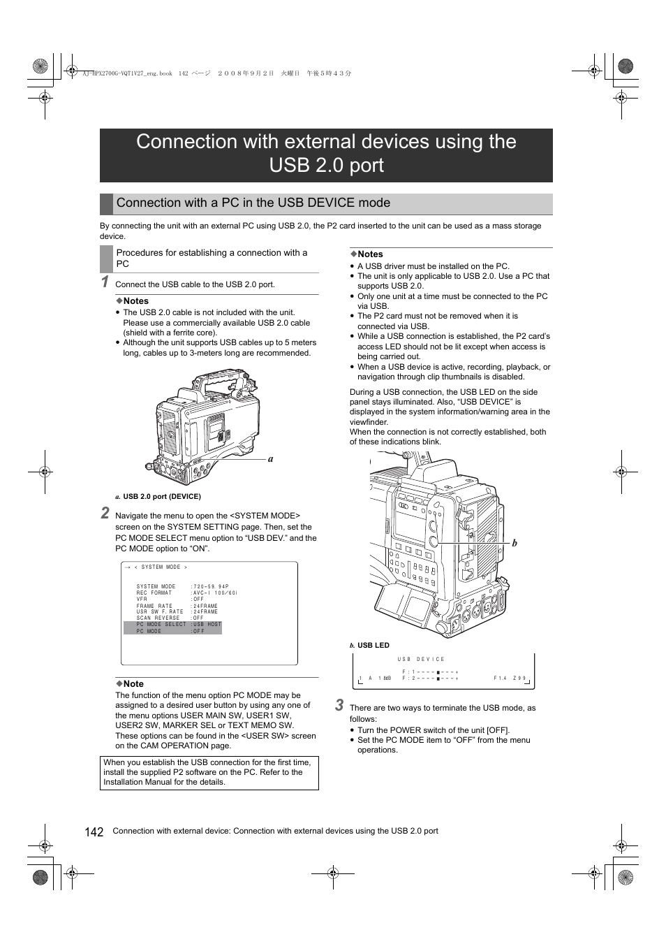 Connection with a pc in the usb device mode | Panasonic AJ-P2C002SG User Manual | Page 142 / 206