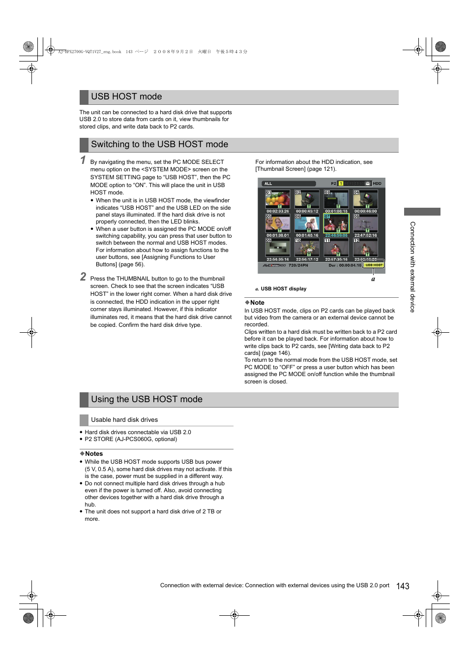 Usb host mode switching to the usb host mode, Using the usb host mode | Panasonic AJ-P2C002SG User Manual | Page 143 / 206