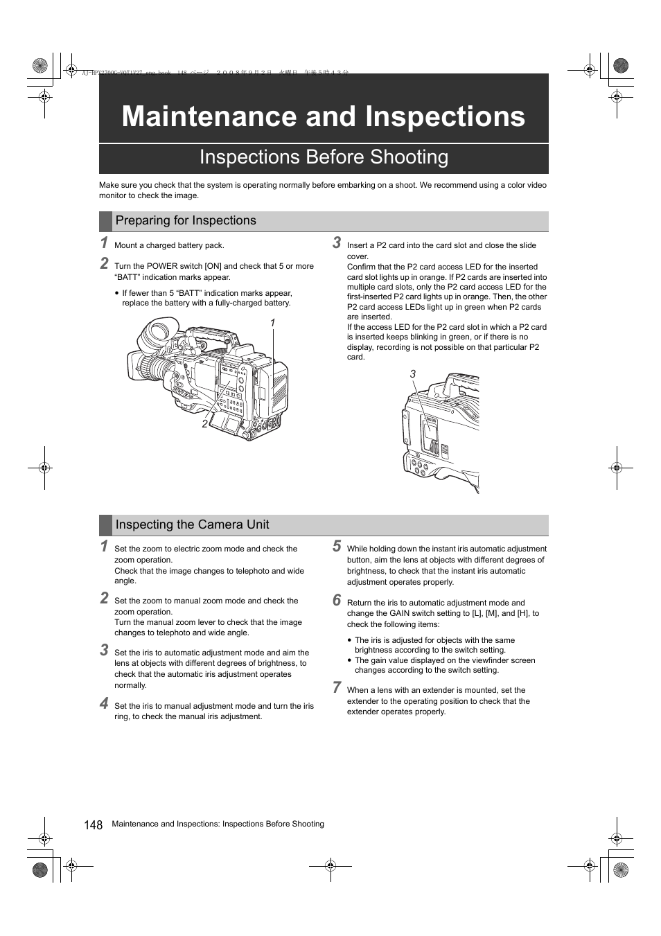 Maintenance and inspections, Inspections before shooting | Panasonic AJ-P2C002SG User Manual | Page 148 / 206