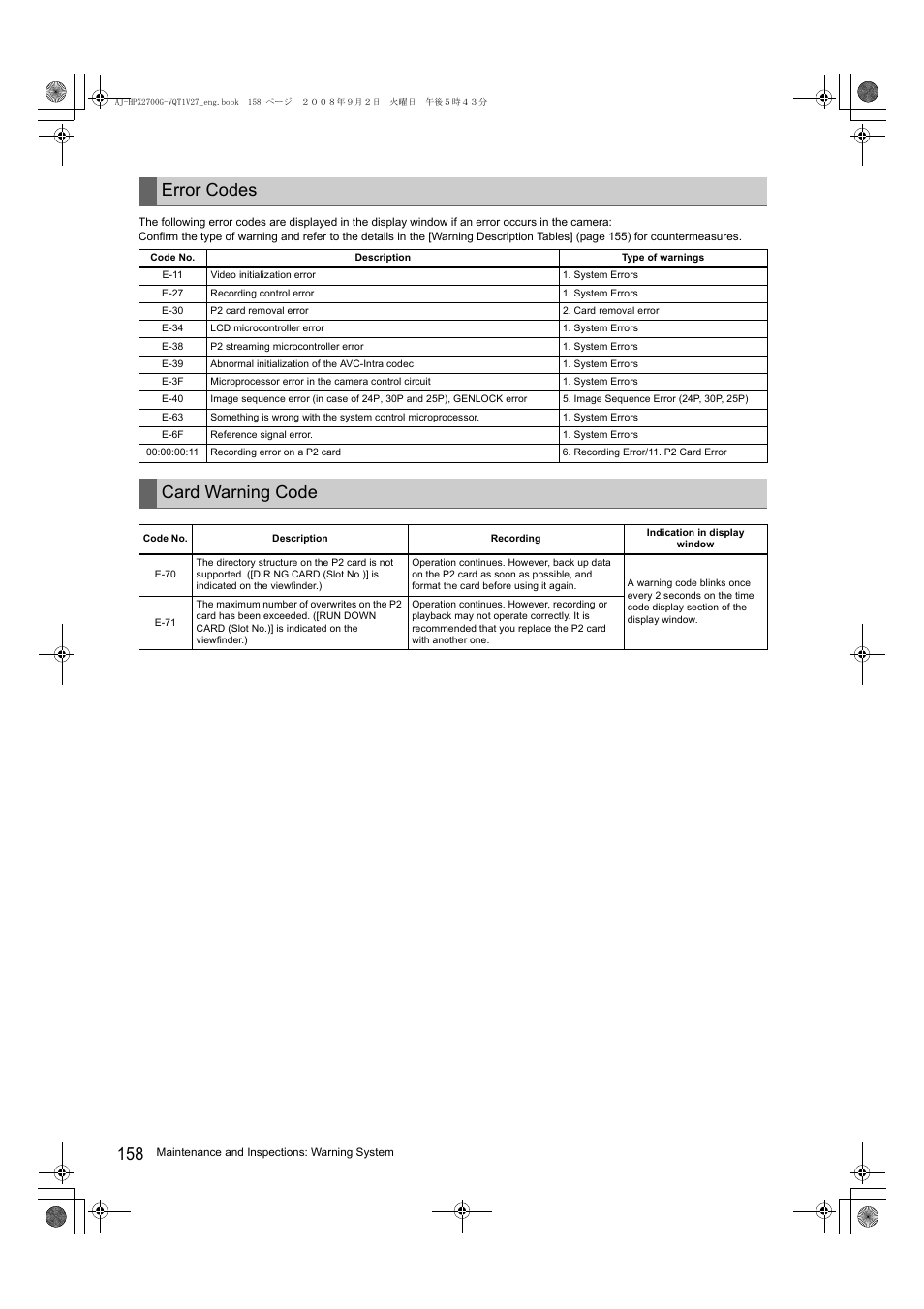 Error codes, Card warning code | Panasonic AJ-P2C002SG User Manual | Page 158 / 206