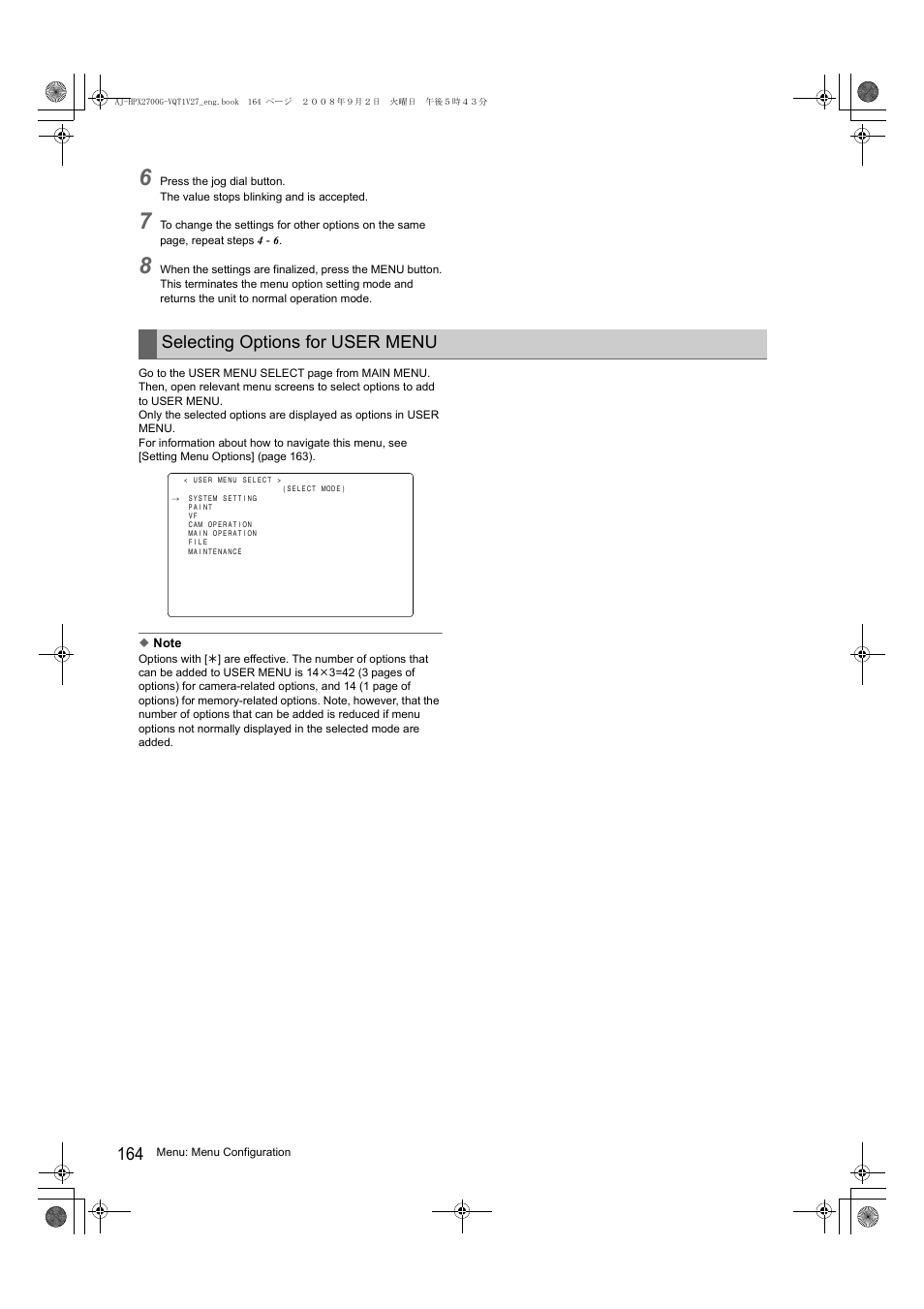 Selecting options for user menu | Panasonic AJ-P2C002SG User Manual | Page 164 / 206