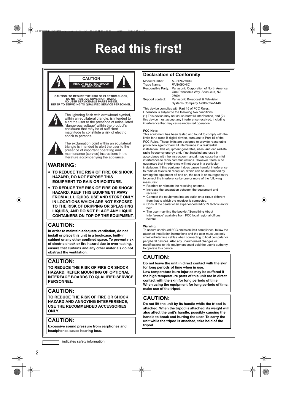 Read this first, Warning, Caution | Panasonic AJ-P2C002SG User Manual | Page 2 / 206