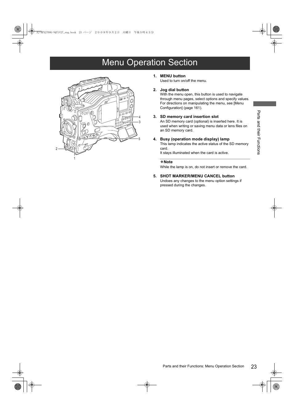 Menu operation section | Panasonic AJ-P2C002SG User Manual | Page 23 / 206