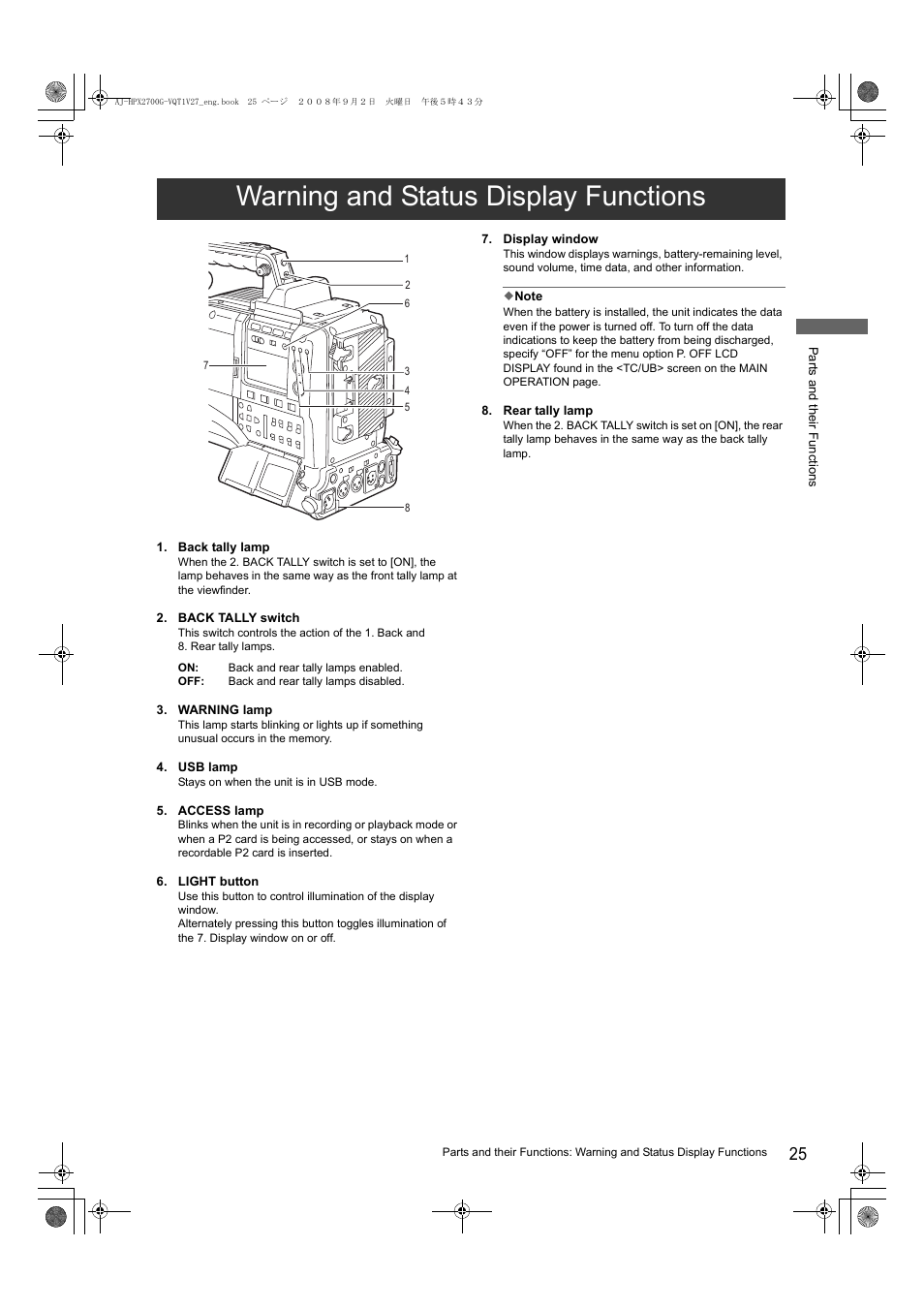 Warning and status display functions | Panasonic AJ-P2C002SG User Manual | Page 25 / 206