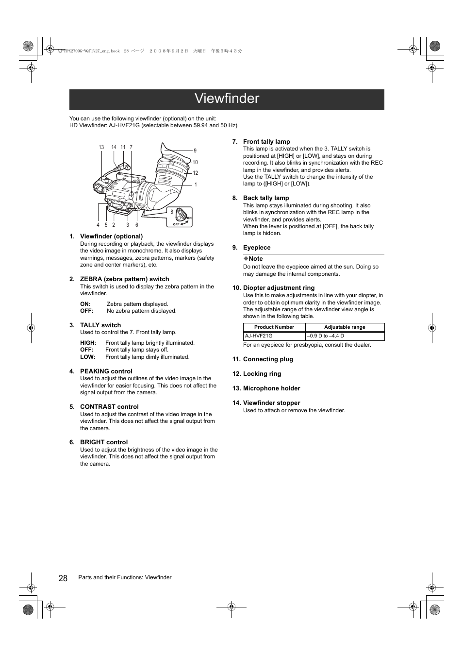 Viewfinder | Panasonic AJ-P2C002SG User Manual | Page 28 / 206